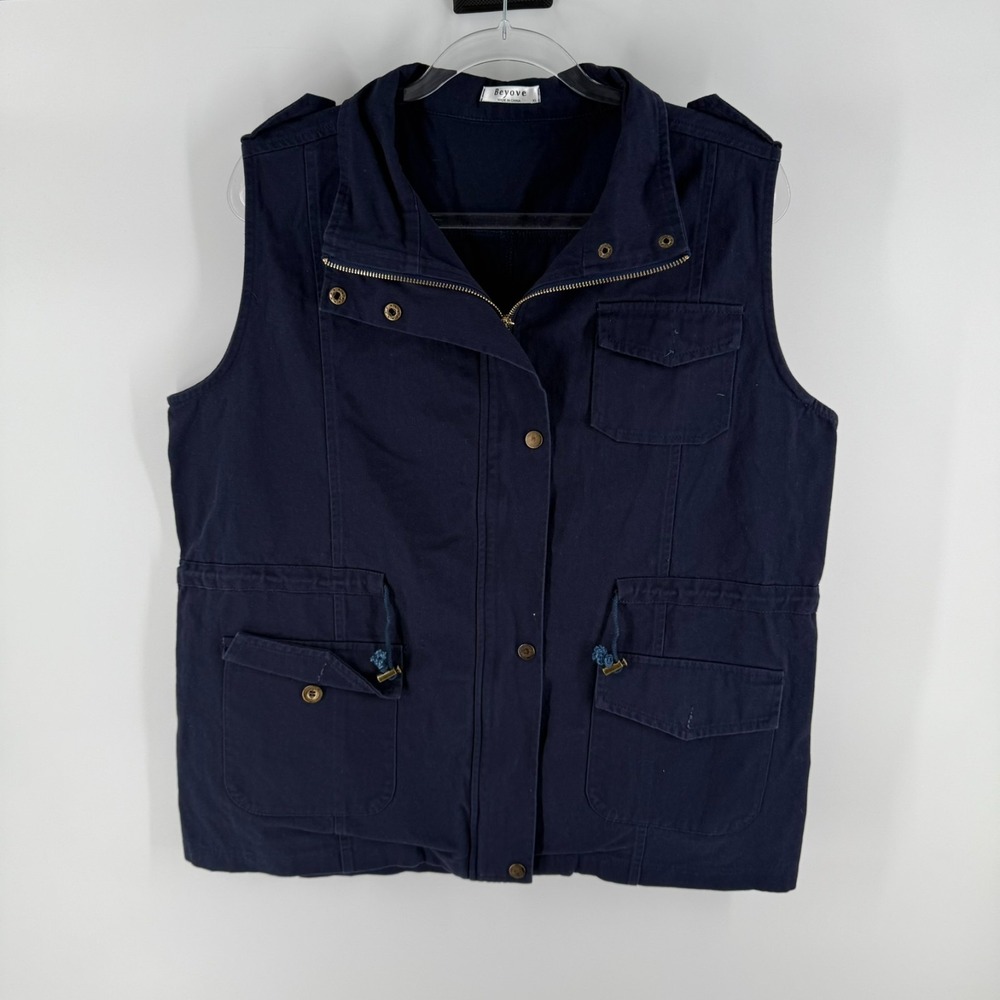 Beyove Military Anorak Cargo Vest Women XL Blue Dark Wash Denim Full Zip Utility